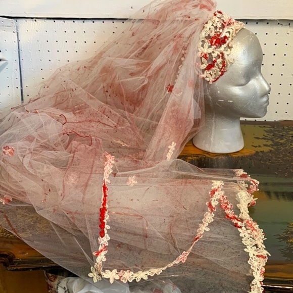 Vintage Accessories - VTG 60s 70s Blood Splattered Wedding Bridal Veil Horror Undead Vampire Costume